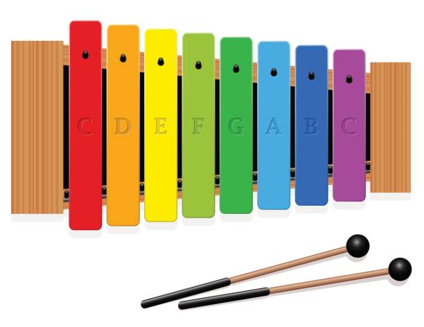 glockenspiel или металлофон в c мажор с восемью помеченными барами, одной октавой, в разных цветах и двумя ударными молотками - вид сверху - изолиро - glockenspiel stock illustrations