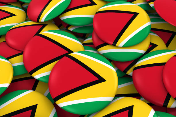 istock Guyana Badges Background - Pile of Guyanese Flag Buttons 3D Illustration 670536970