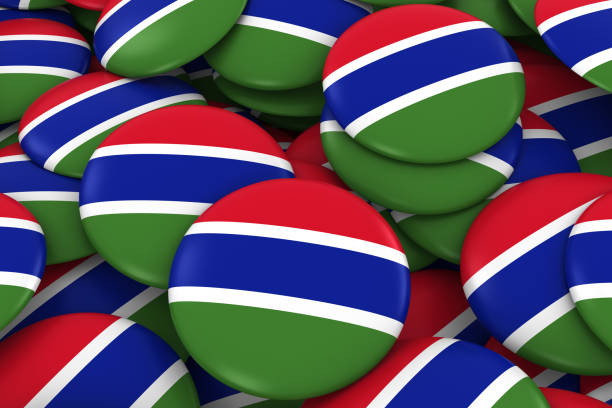 istock Gambia Badges Background - Pile of Gambian Flag Buttons 3D Illustration 670537532