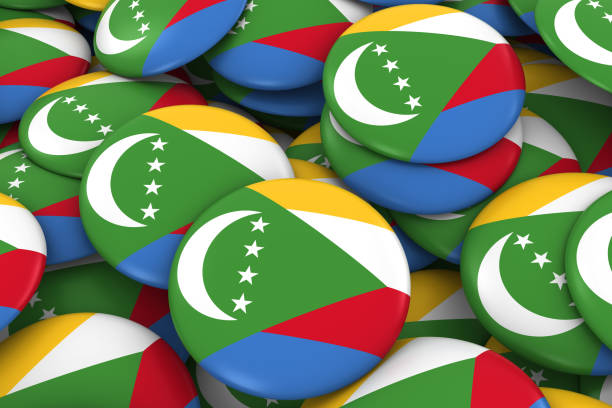 istock Comoros Badges Background - Pile of Comoran Flag Buttons 3D Illustration 670540280