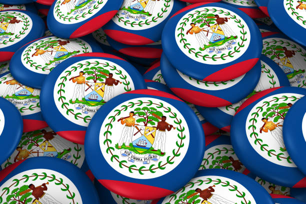 istock Belize Badges Background - Pile of Belizean Flag Buttons 3D Illustration 670540592
