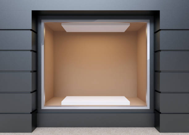 istock Blank mock up of store street showcase window in a city. 3D rendering 670547580