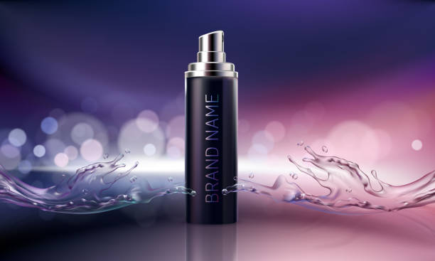 Poster for the promotion of cosmetic moisturizing and nourishing premium product Vector 3D illustration for the promotion of cosmetic moisturizing and nourishing premium product. Matt black bottle with the open cap on a dark background with water splash skin care background stock illustrations