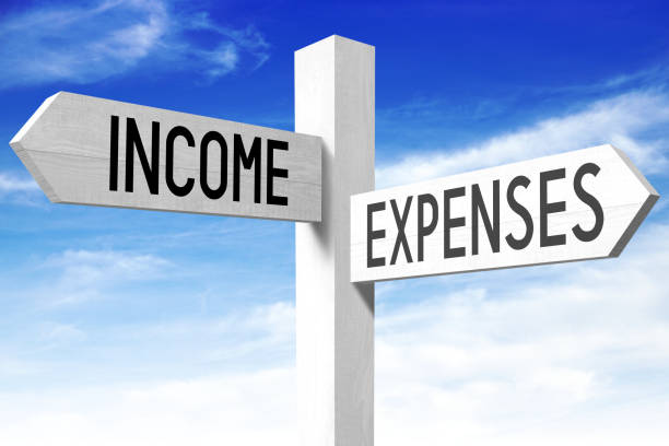 istock Income, expenses - wooden signpost 670547614