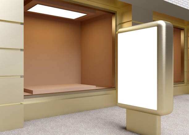 istock Blank mock up of store street showcase window in a city. 3D rendering 670549688