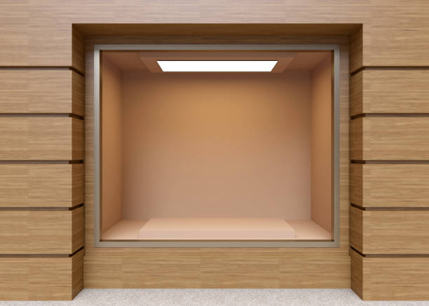 istock Blank mock up of store street showcase window in a city. 3D rendering 670549904