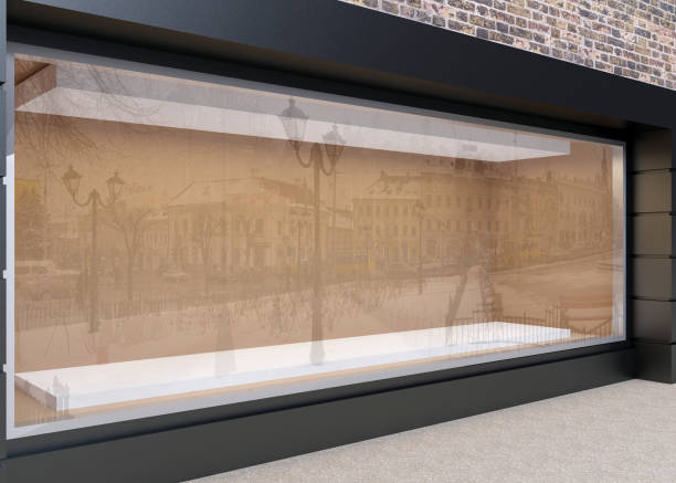 istock Blank mock up of store street showcase window in a city. 3D rendering 670550718