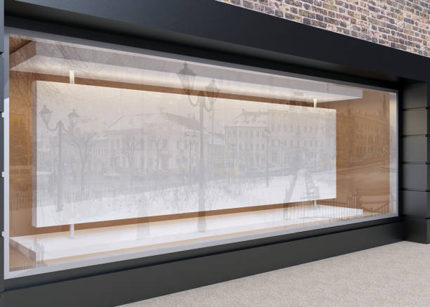 istock Blank mock up of store street showcase window in a city. 3D rendering 670550874