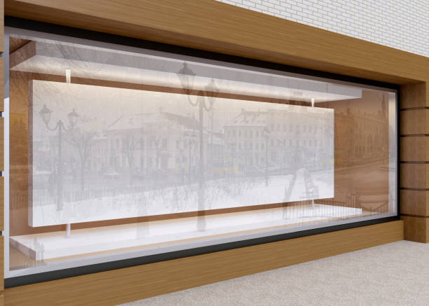 istock Blank mock up of store street showcase window in a city. 3D rendering 670551056