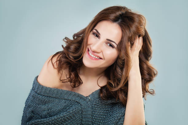 Happy Girl Fashion Model In Gray Cotton Sweater Stock Photo - Download  Image Now - Care, Hair, One Woman Only - iStock