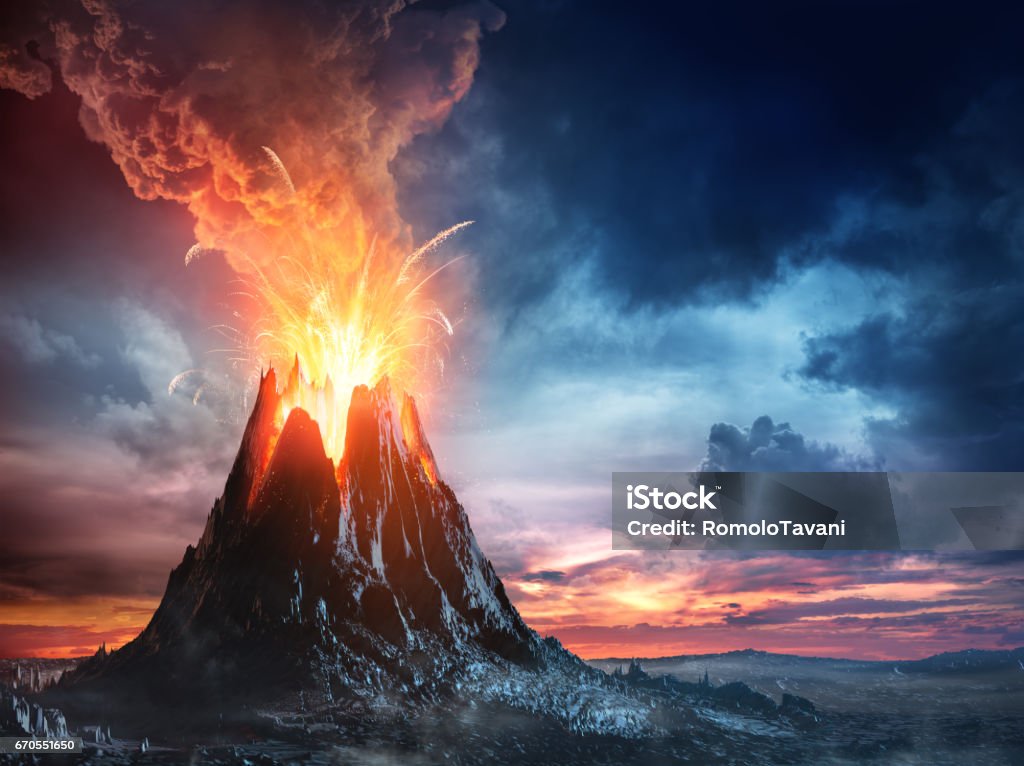 Volcanic Mountain In Eruption Exploding Activity With Lava - Natural Phenomenon - Illustration Volcano Stock Photo