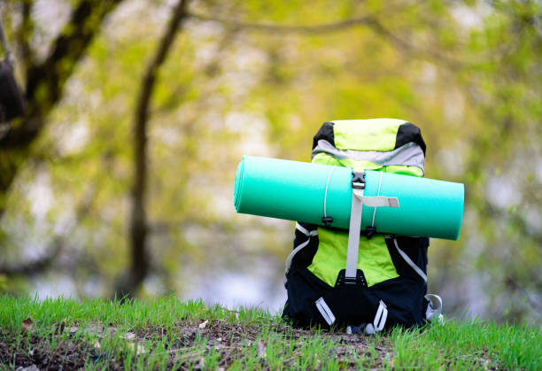 istock Travel backpack with touristic carpet on the awesome nature background. 670554752