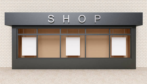 istock Blank mock up of store street showcase window in a city. 3D rendering 670557980
