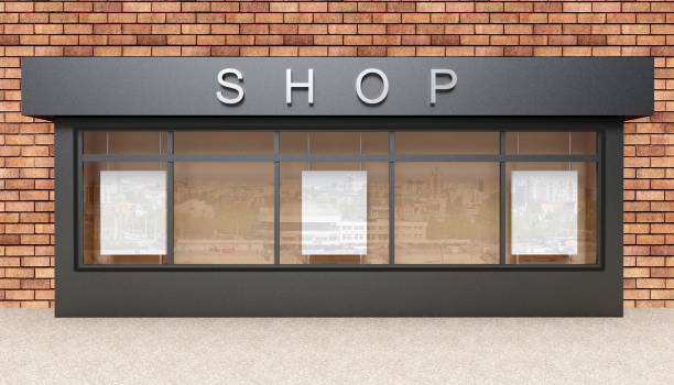 istock Blank mock up of store street showcase window in a city. 3D rendering 670560152