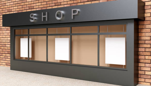istock Blank mock up of store street showcase window in a city. 3D rendering 670560174