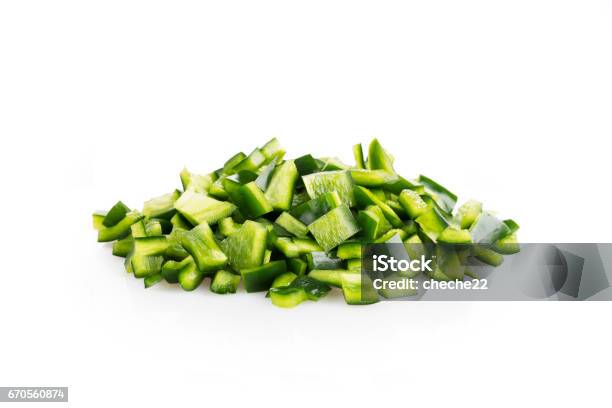 Poblano Peppers On White Stock Photo - Download Image Now - Chopped Food, Bell Pepper, Pepper - Vegetable