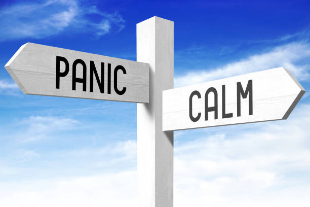 istock Panic, calm - wooden signpost 670567432
