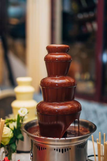 chocolate fountain on the table - wedding reception fountain chocolate candy wedding imagens e fotografias de stock