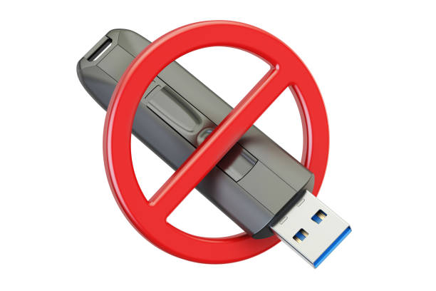 Forbidden sign with USB flash drive, 3D rendering isolated on white background vector art illustration