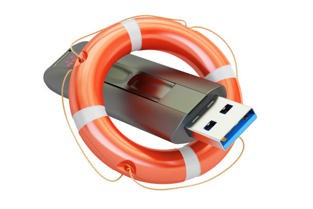 ilustrações, clipart, desenhos animados e ícones de unidade flash usb com lifebuoy, conceito de segurança. renderização 3d, isolada no fundo branco - backup buoy life belt backups