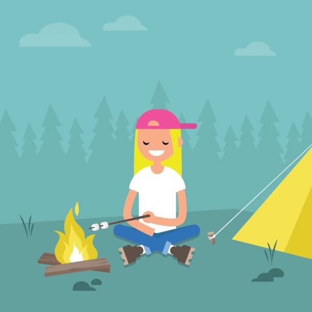 Camping in forest. Young female character roasting marshmallows on fire / flat editable vector illustration, clip art Camping in forest. Young female character roasting marshmallows on fire / flat editable vector illustration, clip art hiking snack stock illustrations