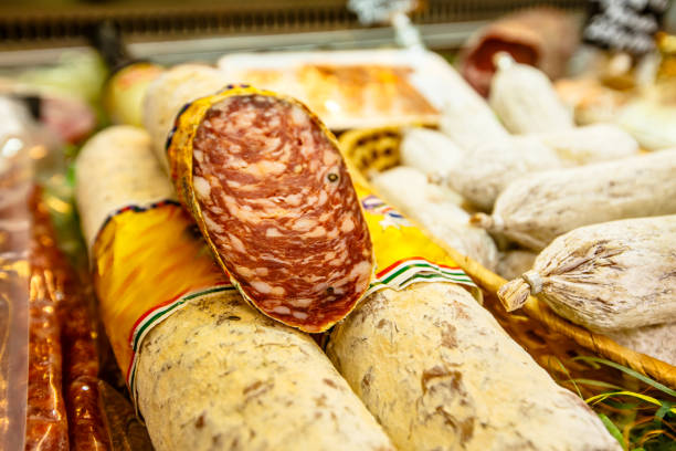 istock Various Italian sausages lying on the counter 670578470