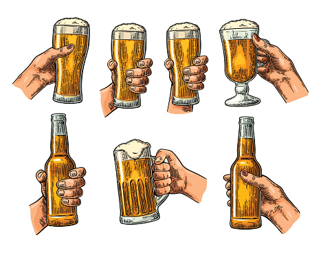 Man and woman hands holding, clinking with beer glass, bottle