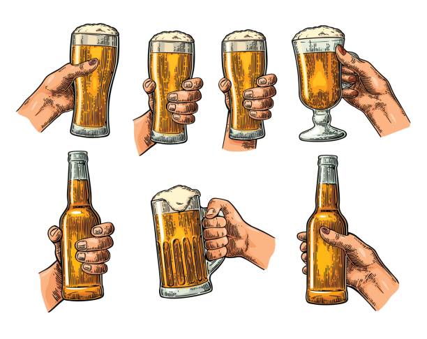 Man and woman hands holding, clinking with beer glass, bottle Man and woman hands holding and clinking with beer glass and open beer bottle. Vintage vector color engraving illustration for web, poster, invitation to party. Isolated on white background. beer bottle illustrations stock illustrations