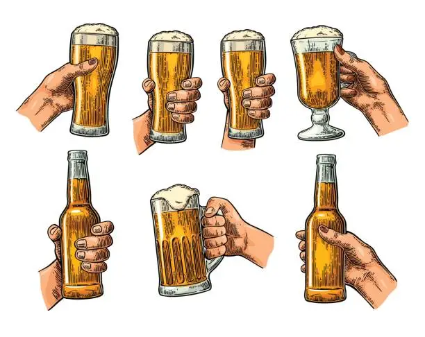 Vector illustration of Man and woman hands holding, clinking with beer glass, bottle