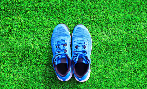 istock Part blue sports sneakers on the green grass textured background, empty copy space 670585100