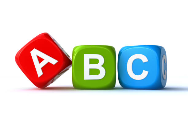 abc cubes colorful abc cubes on the white background (3d render) a b c stock illustrations