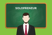solopreneur illustration with a man wearing a black suit in front of green chalk board and white text