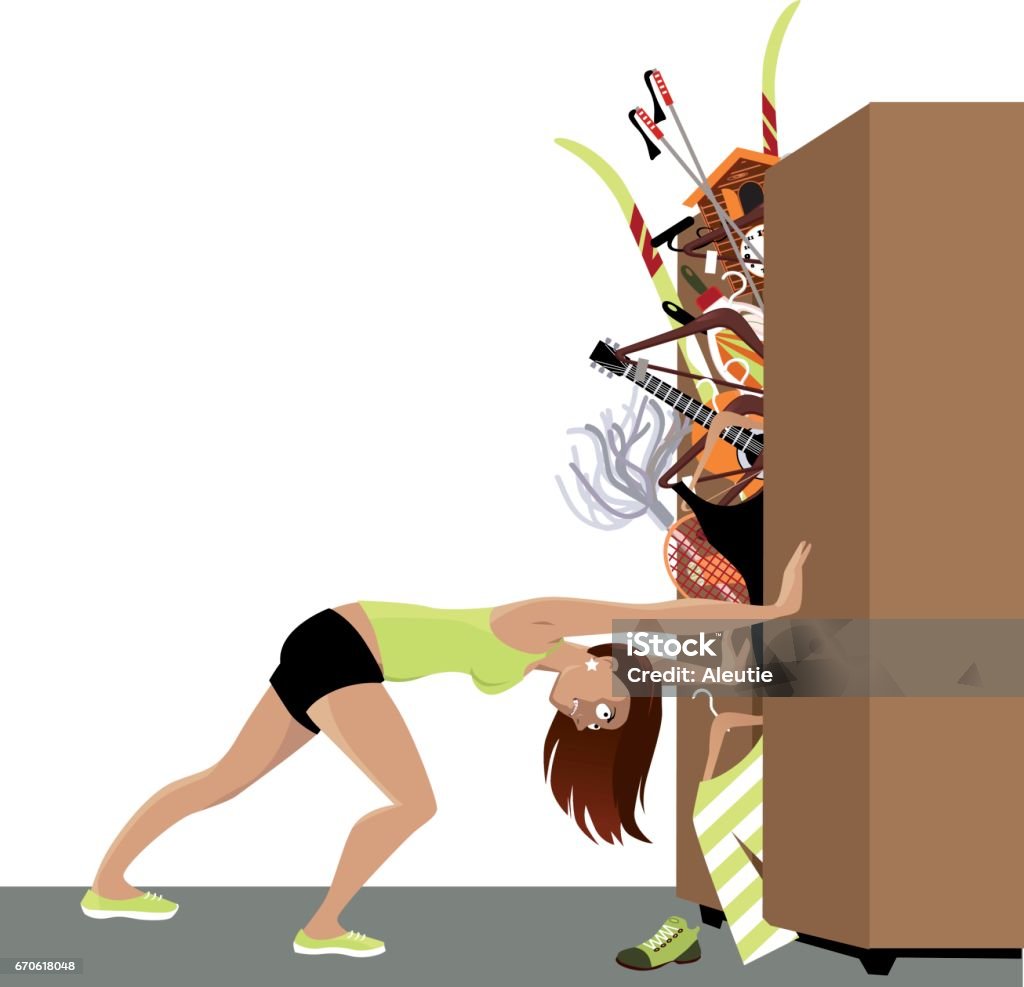 Closet space problem Wardrobe is bursting from stuff, woman trying to hold the doors closed, EPS 8 vector illustration Closet stock vector