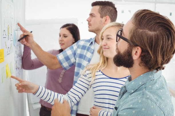 istock Business people pointing at wall with sticky notes and drawings 670625828