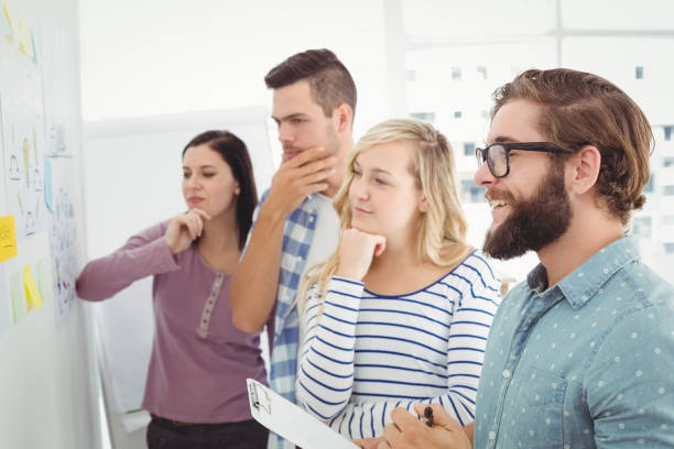 istock Thoughtful business people pointing at wall with sticky notes and drawings 670625840
