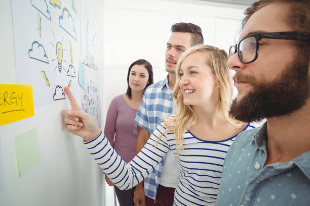 istock Woman pointing at wall with sticky notes and drawings 670627976