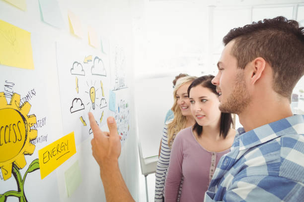 istock Man pointing at wall with sticky notes and drawings 670628020
