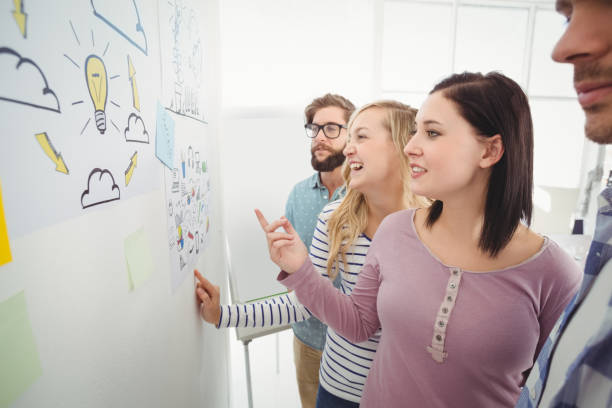 istock Women pointing at wall with sticky notes and drawings 670628040