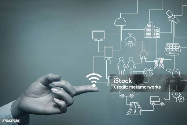 Human Hand And Connected Icons Of Iot Abstract Concept Visual Stock Photo - Download Image Now