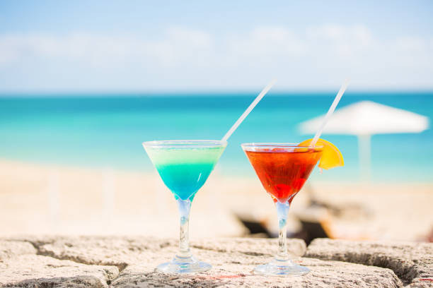 two tropical cocktails on tropical beach ocean white sand and seascape. - martini cocktail christmas blue imagens e fotografias de stock