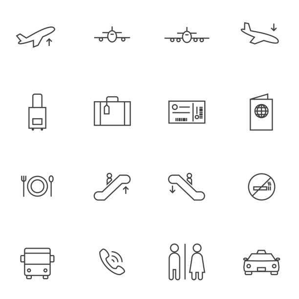 Airport icon sets. Line icons. Airport icon sets. Line icons. suitcase illustrations stock illustrations