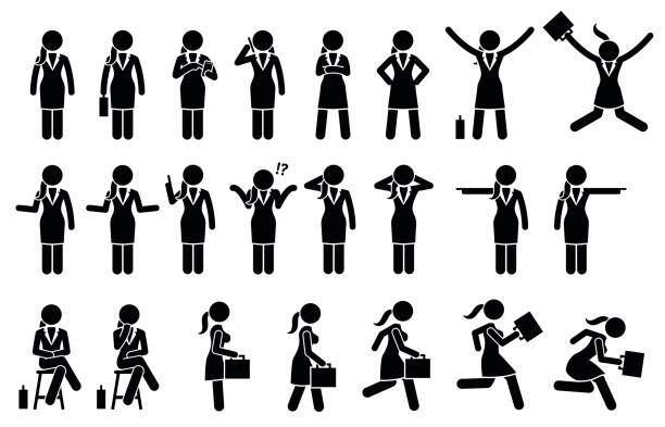 Businesswoman Standing, Walking, Running and Sitting Poses and Postures. Artworks depict various business woman actions such as jump, using phone, pointing, thinking, talking, walk, and run. thinking fast and slow stock illustrations
