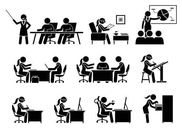 ilustrações, clipart, desenhos animados e ícones de mulher de negócios trabalhando em um escritório. - figura de palito