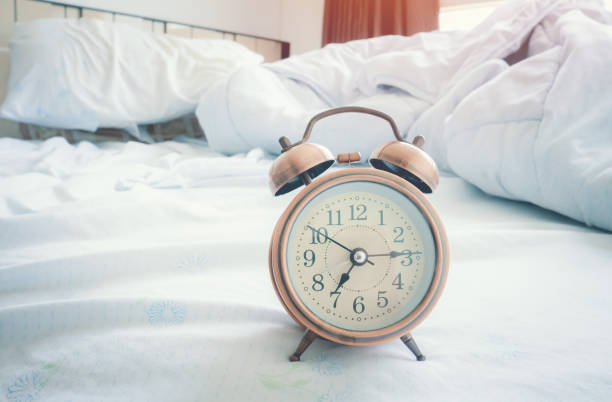 istock Vintage alarm clock in bedroom 670657700
