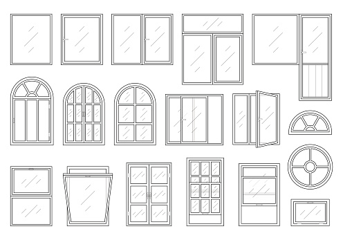 Icons set of windows different types. Pictogram collection in thin linear style. Classic architecture elements. Simple design. Vector illustration in black color isolated on white background