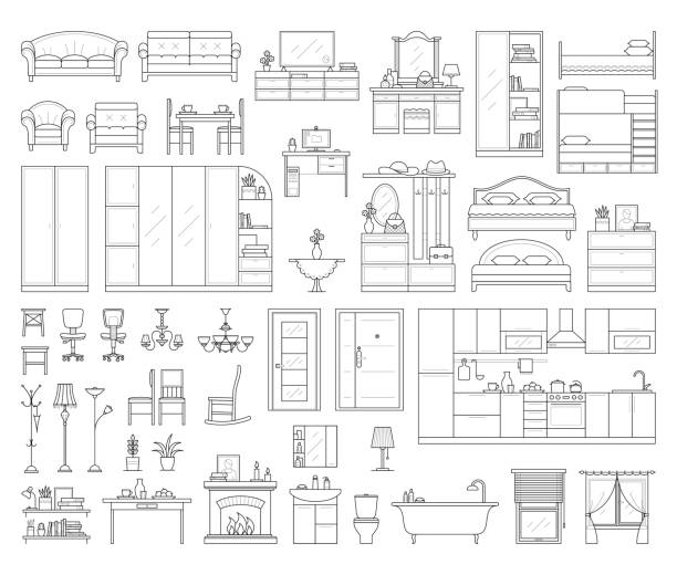 zestaw mebli do wnętrz domu. - chandelier residential structure living room sofa stock illustrations