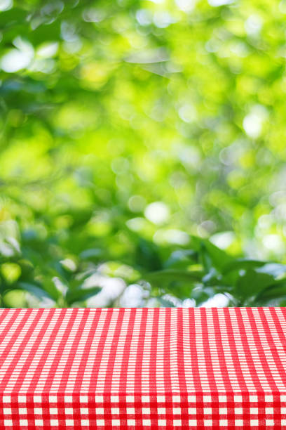 istock Empty table with red tablecloth over blur garden and bokeh background, for food and product display montage 670664268