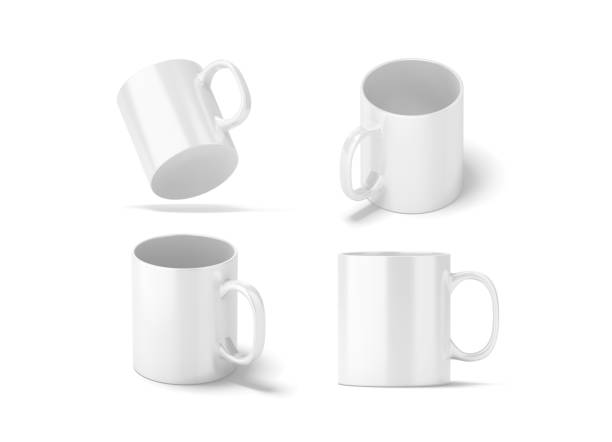 istock Blank white glass mug mockups set isolated, 3d rendering 670692194