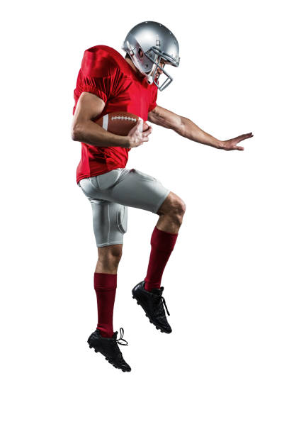 american footballspieler verteidigen - isolated on white full length red protection stock-fotos und bilder