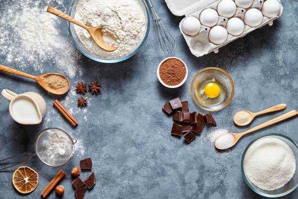 brownie teig zubereitung plätzchen oder kuchen rezept zutaten, süßes essen flach legen draufsicht - kuchen backen stock-fotos und bilder